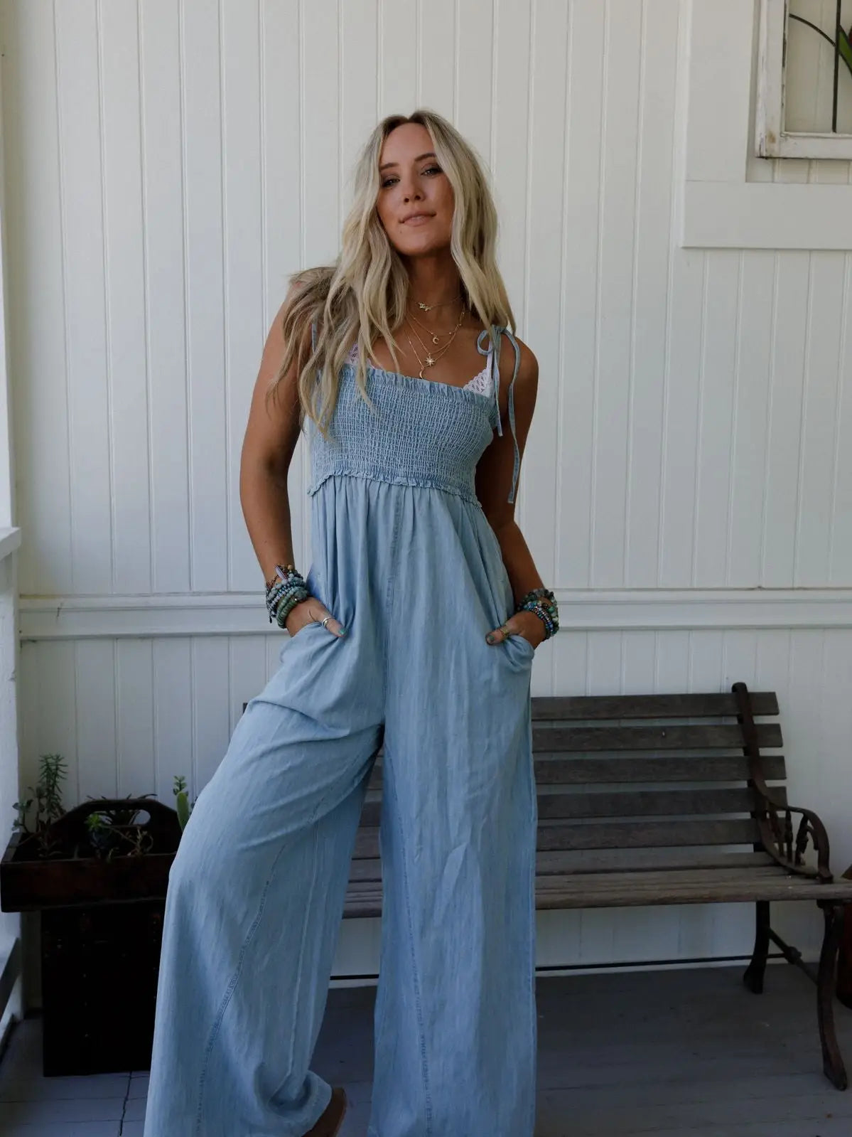 Light Washed Smocked Cotton Jumpsuit