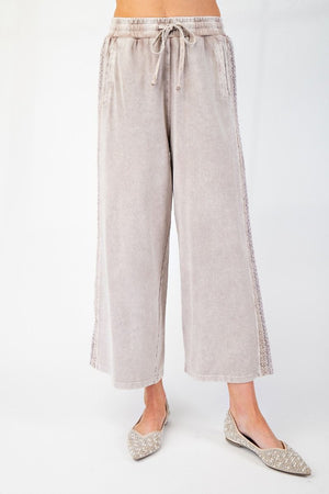 CROCHET LACE TRIM MINERAL WASHED TERRY KNIT PANTS
