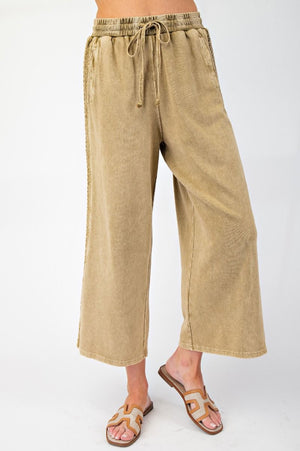 CROCHET LACE TRIM MINERAL WASHED TERRY KNIT PANTS