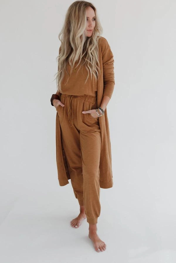 Set To Go Textured Jumpsuit and Cardigan Set- Camel