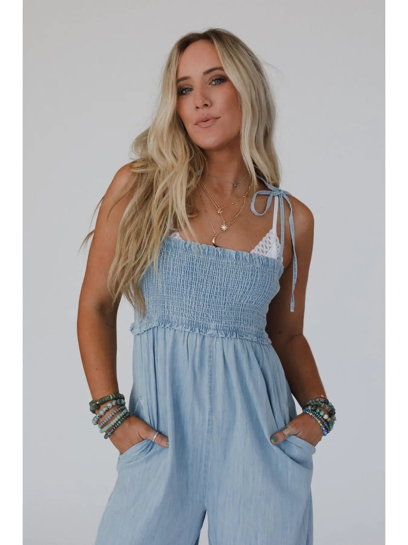 Light Washed Smocked Cotton Jumpsuit