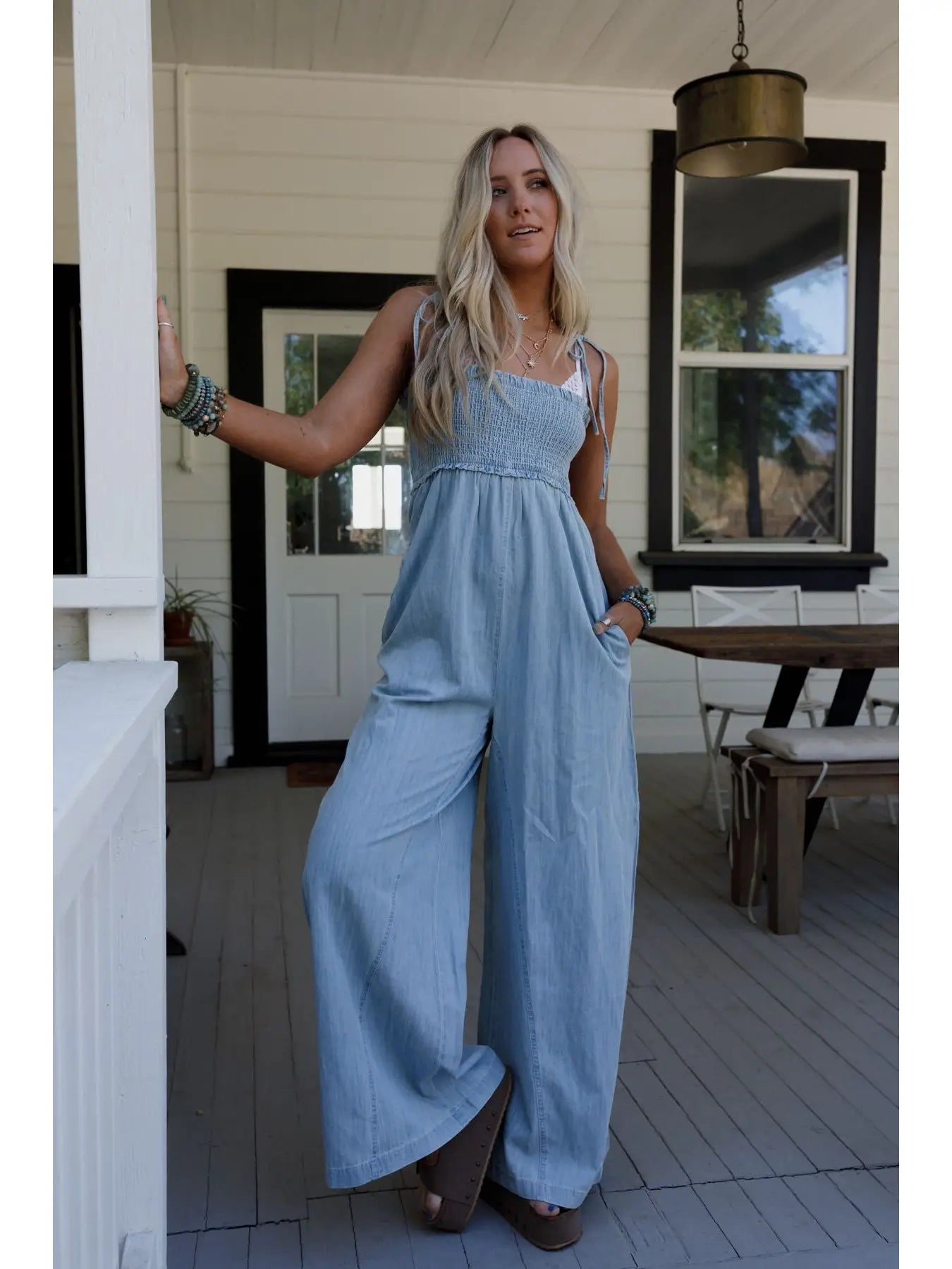 Light Washed Smocked Cotton Jumpsuit