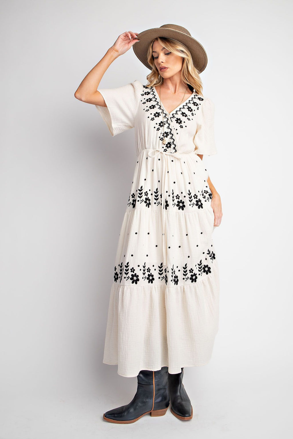 EMBROIDERED COTTON GAUZE TIERED MAXI DRESS