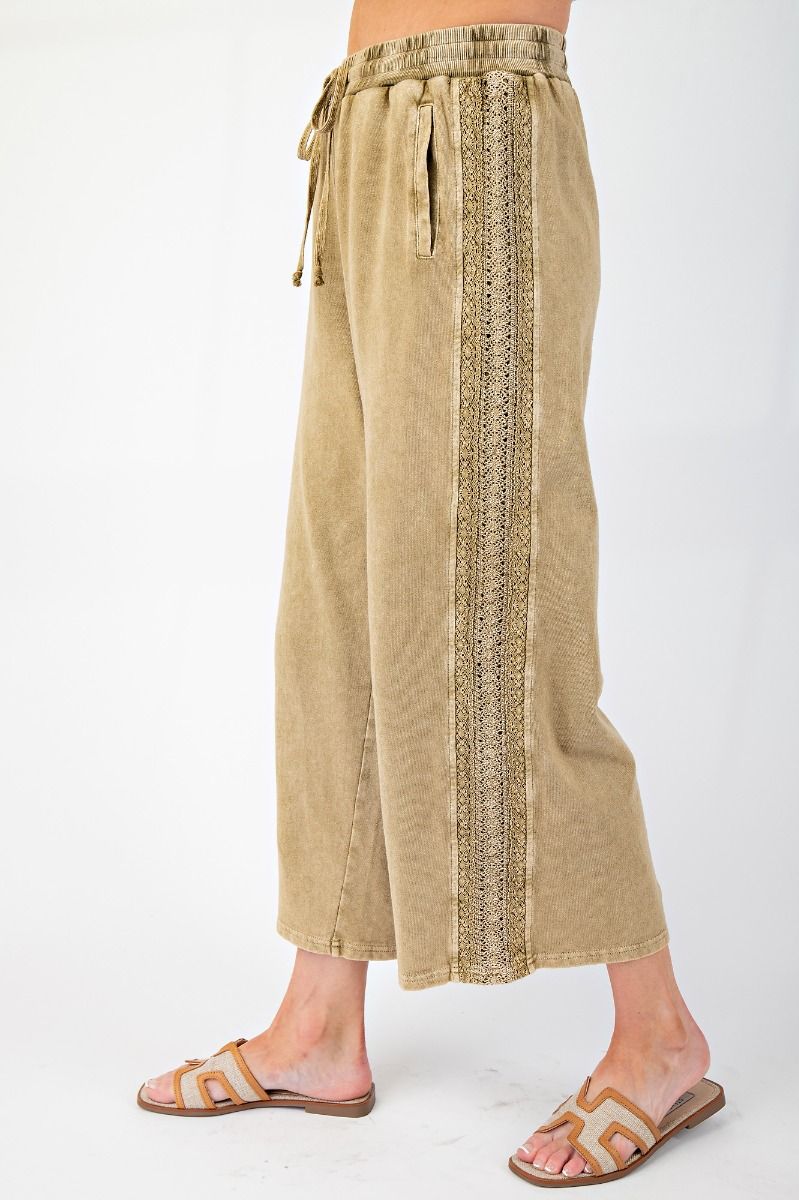 CROCHET LACE TRIM MINERAL WASHED TERRY KNIT PANTS