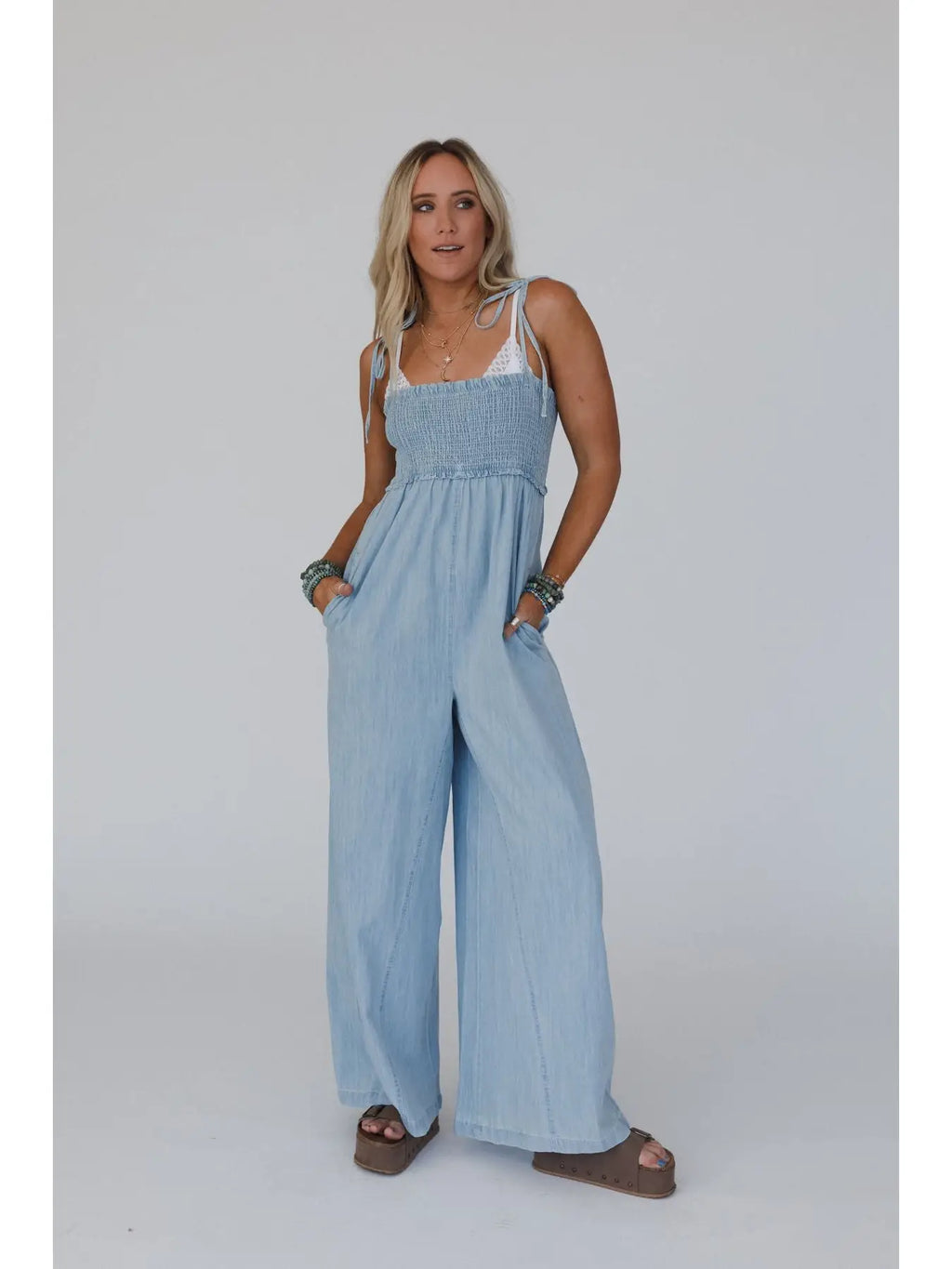Light Washed Smocked Cotton Jumpsuit