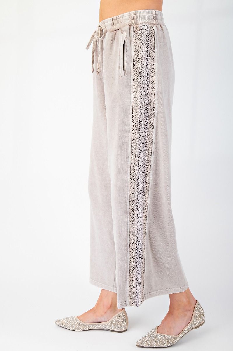 CROCHET LACE TRIM MINERAL WASHED TERRY KNIT PANTS
