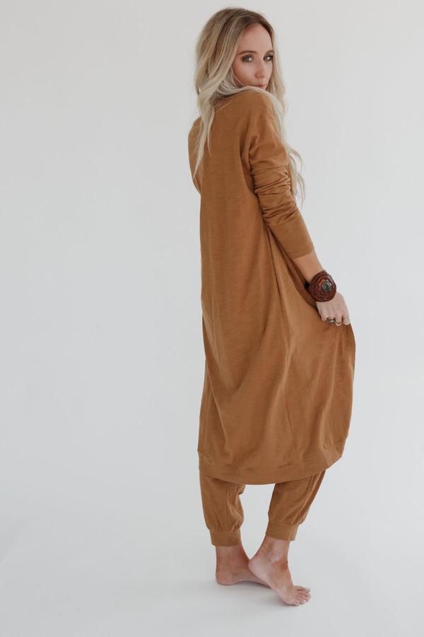 Set To Go Textured Jumpsuit and Cardigan Set- Camel