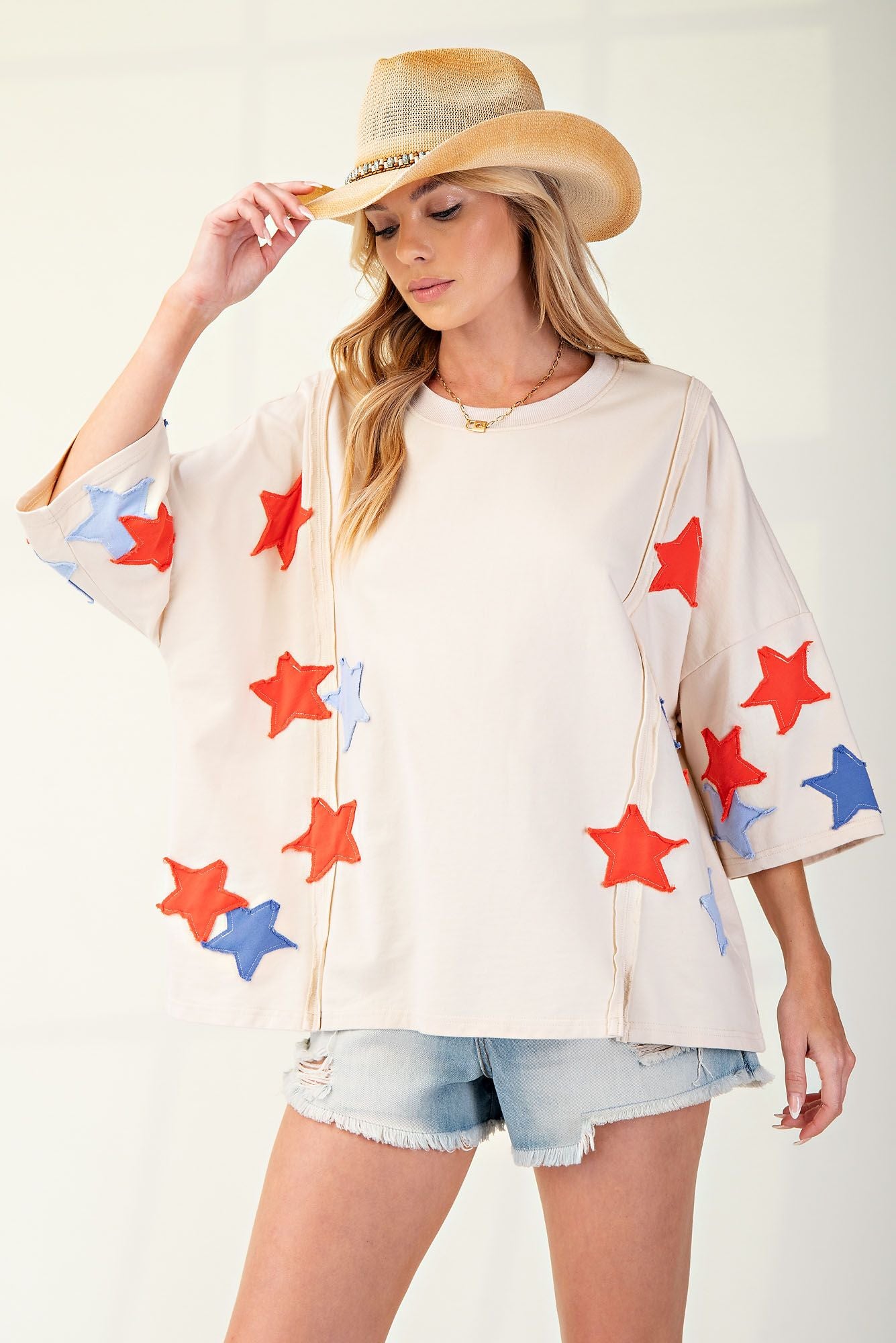 SOFT WASHED STAR PATCHES TERRY KNIT PULLOVER