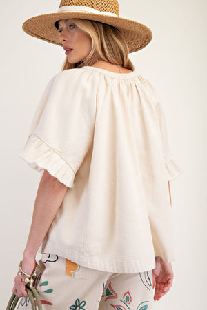 WASHED CHAMBRAY WOVEN TOP- Natural