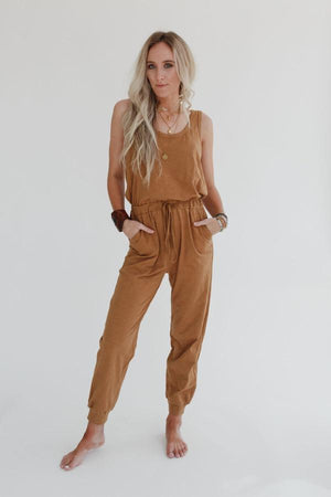 Set To Go Textured Jumpsuit and Cardigan Set- Camel