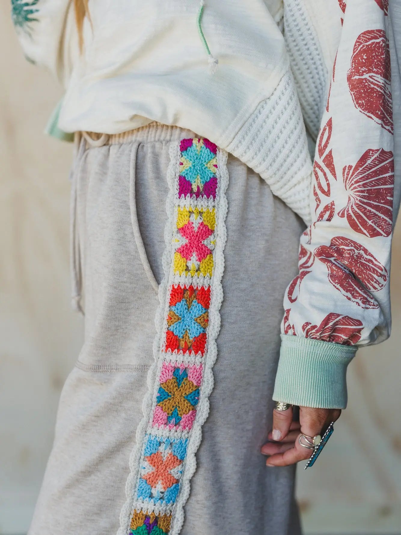 Love Seeker Crochet Panel Pants - Oatmeal