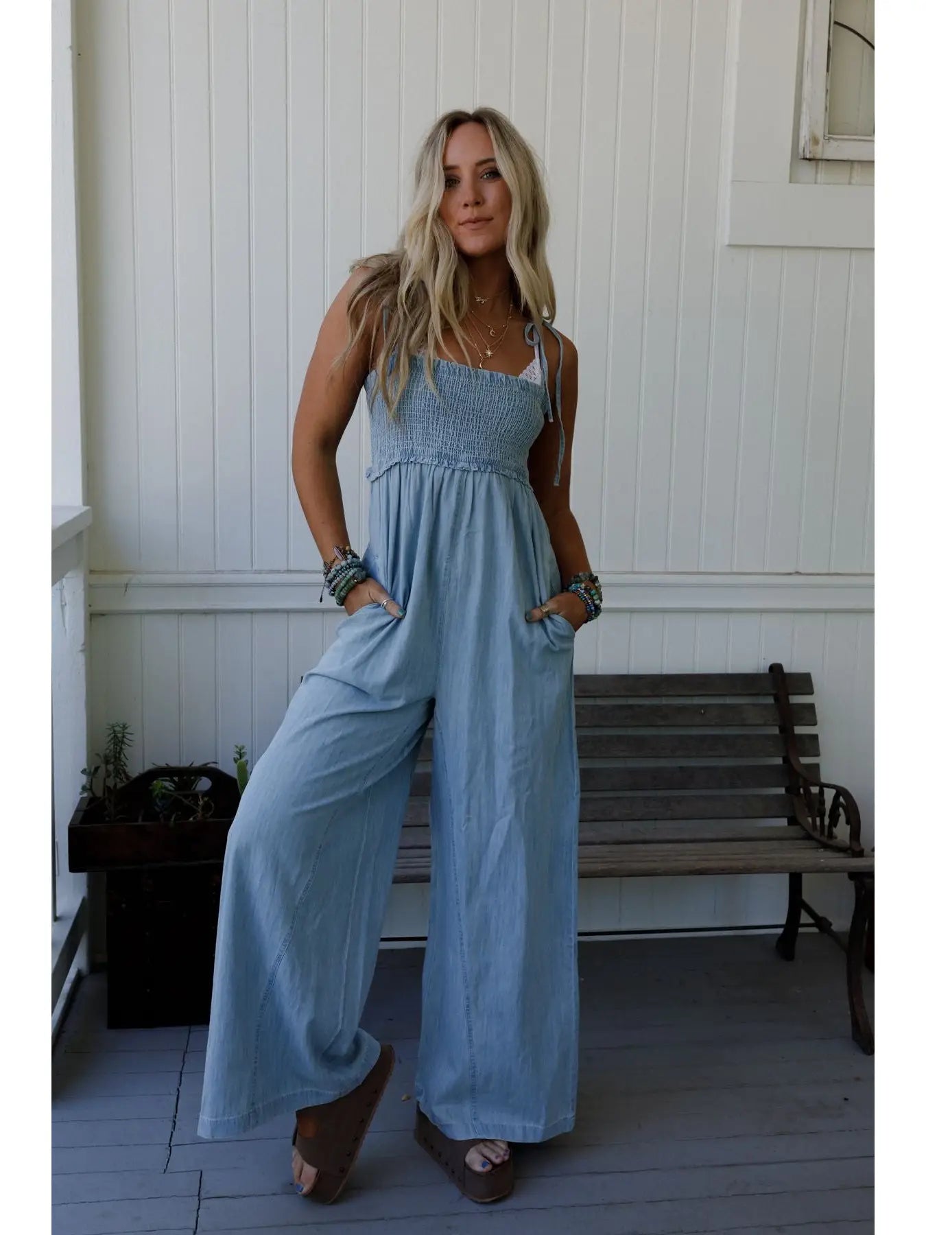 Light Washed Smocked Cotton Jumpsuit