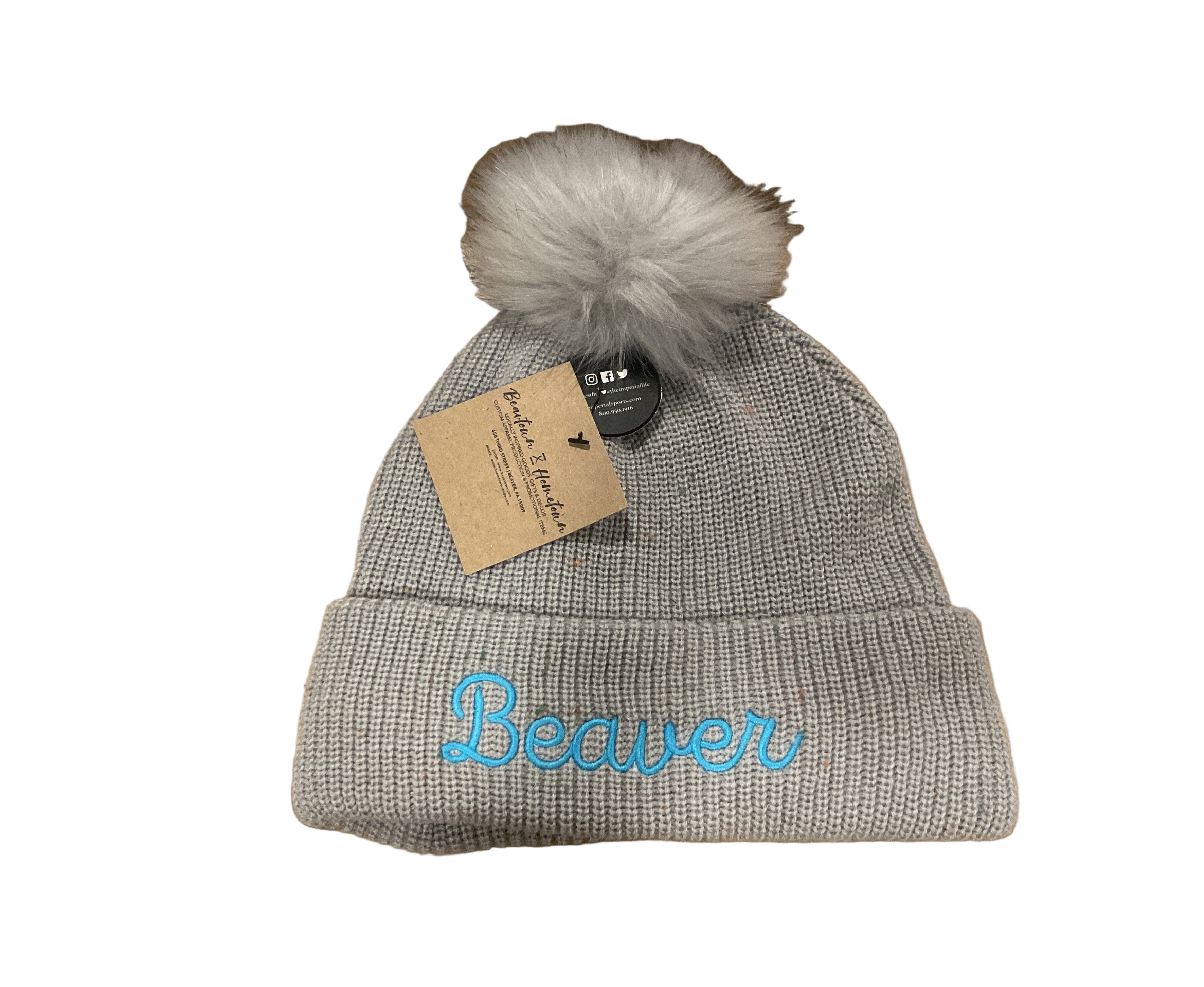 Beaver Gray Speckled Beanie with Puff