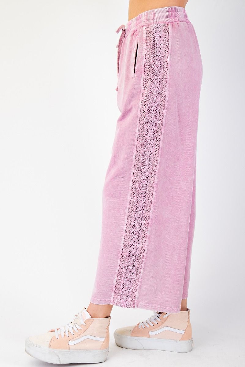 CROCHET LACE TRIM MINERAL WASHED TERRY KNIT PANTS
