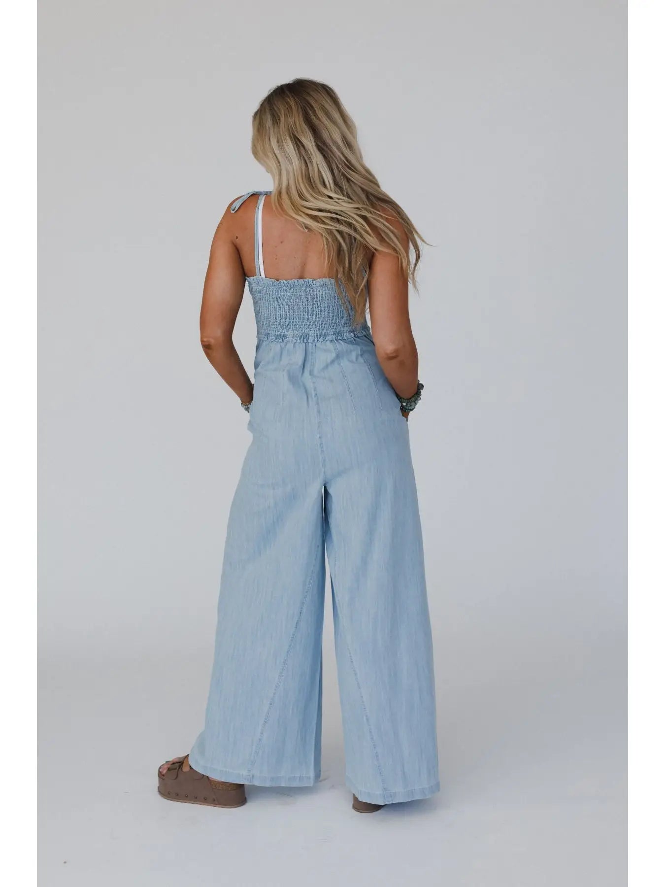 Light Washed Smocked Cotton Jumpsuit