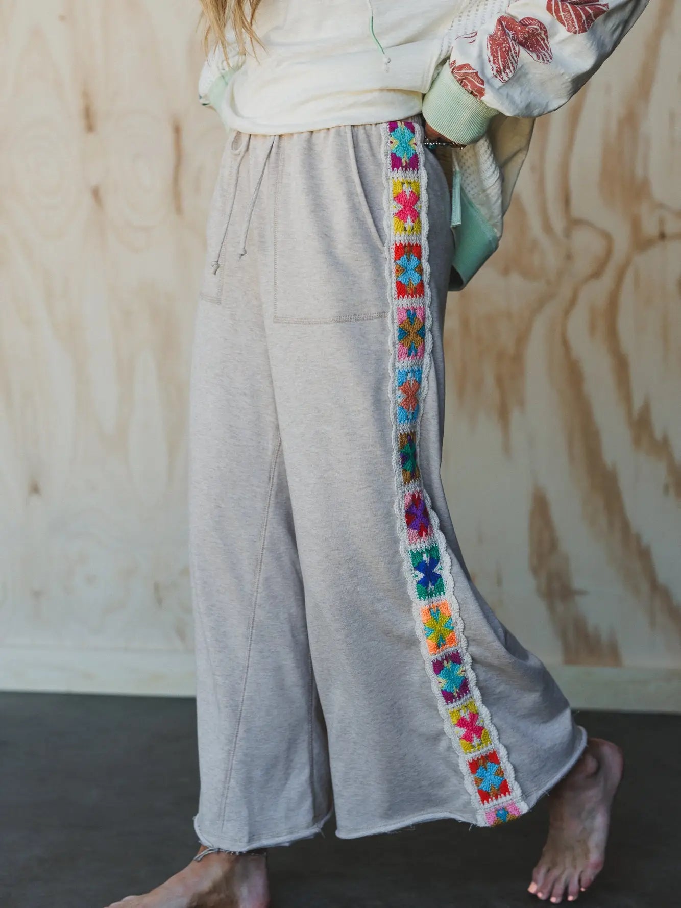 Love Seeker Crochet Panel Pants - Oatmeal