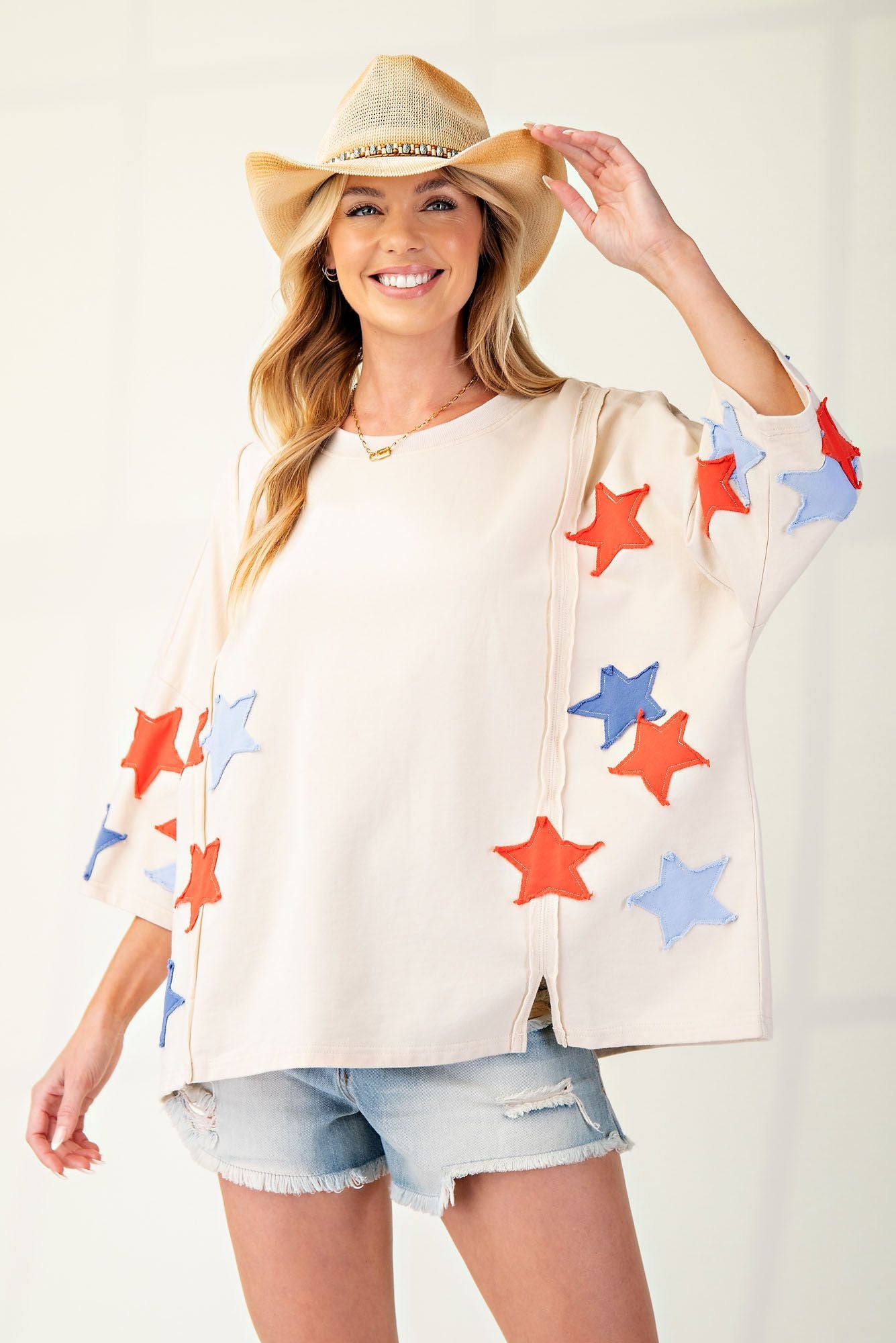 SOFT WASHED STAR PATCHES TERRY KNIT PULLOVER