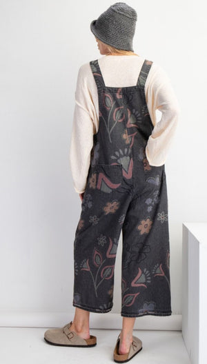 (Copy) Easel Black Denim Floral Overalls