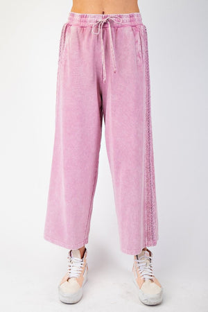 CROCHET LACE TRIM MINERAL WASHED TERRY KNIT PANTS
