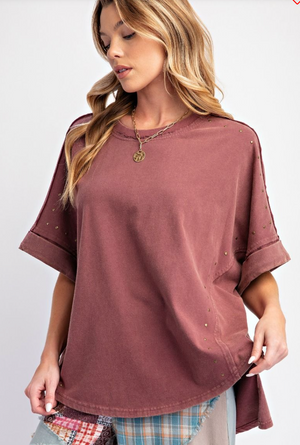 MINERAL WASHED KNIT TOP- RED BEAN