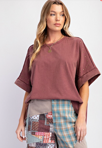 MINERAL WASHED KNIT TOP- RED BEAN