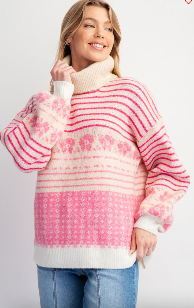 MULTI PATTERNED KNIT SWEATER PULLOVER- ROSE PINK