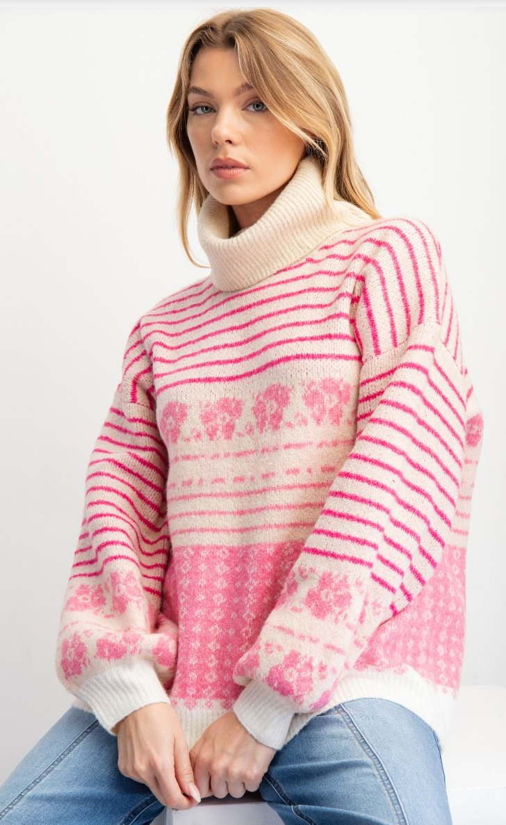 MULTI PATTERNED KNIT SWEATER PULLOVER- ROSE PINK