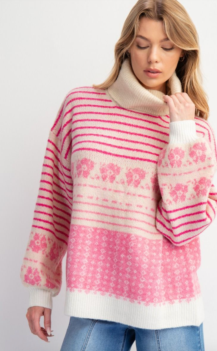 MULTI PATTERNED KNIT SWEATER PULLOVER- ROSE PINK