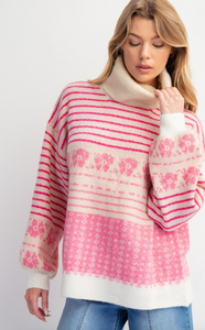 MULTI PATTERNED KNIT SWEATER PULLOVER- ROSE PINK