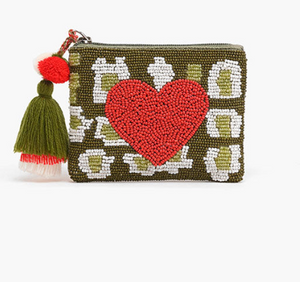 Green Leopard Heart Beaded Coin Purse