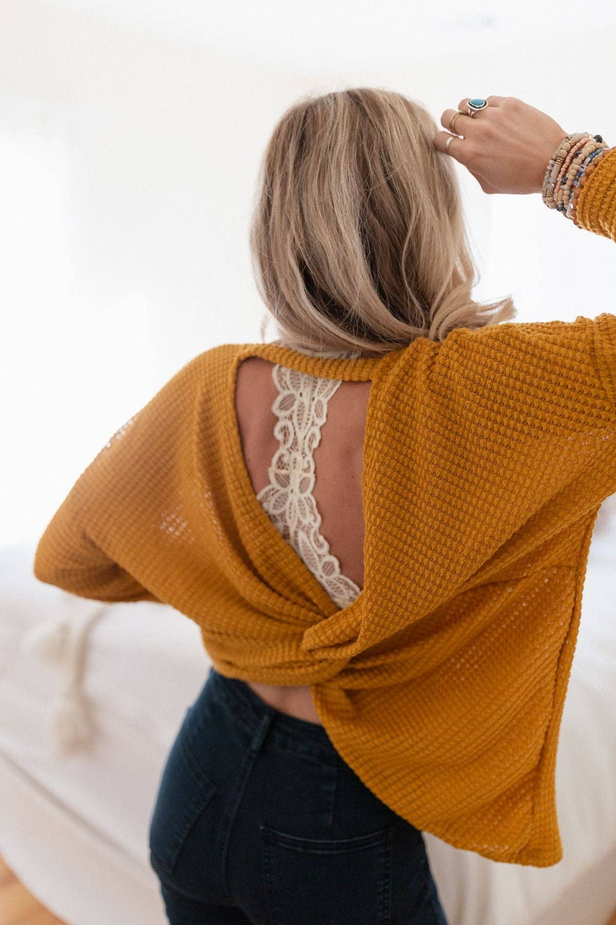 Flattering Open Back Thermal Knit Top